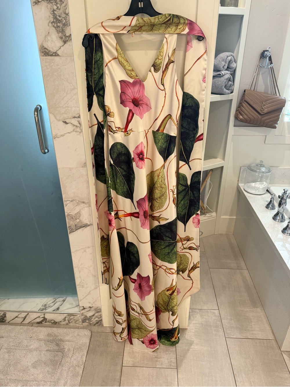 Floral V-Neck Maxi Dress/Gown in Cream with Pink & Green Print - Picture 3 of 5